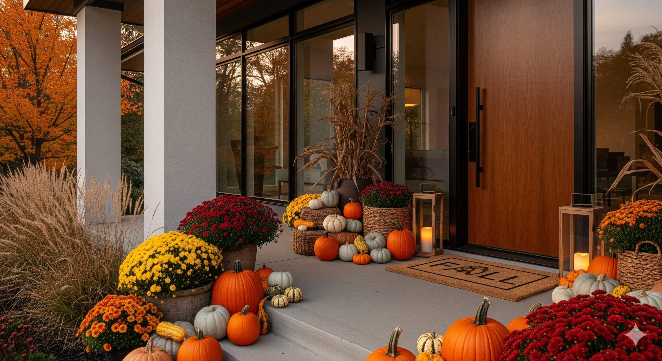 fall front porch pumpkins mums